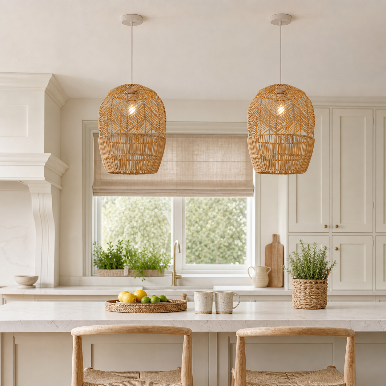 rattan pendant light over a warm kitchen counter
