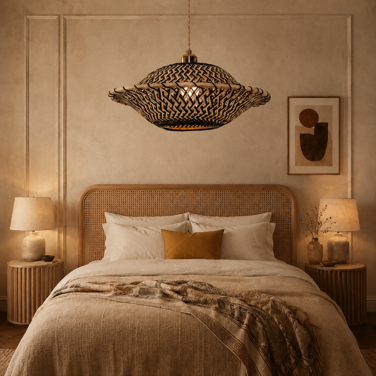 black bamboo pendant light beside a bright window