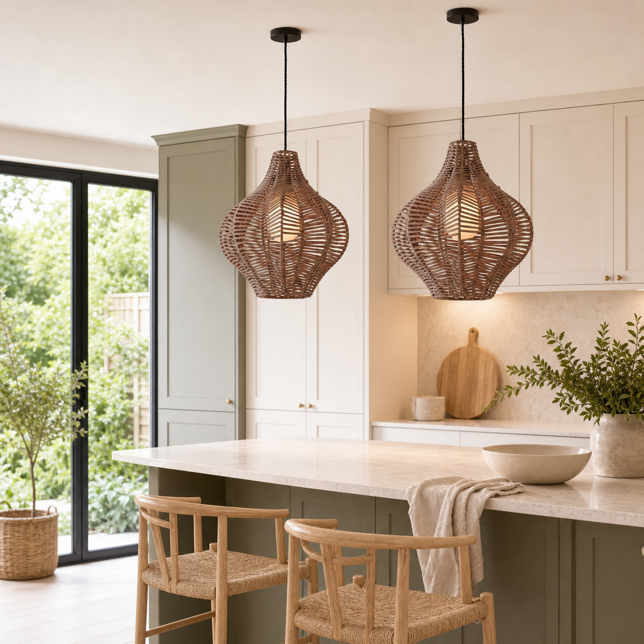 rattan wood pendant light in a sunlit breakfast nook