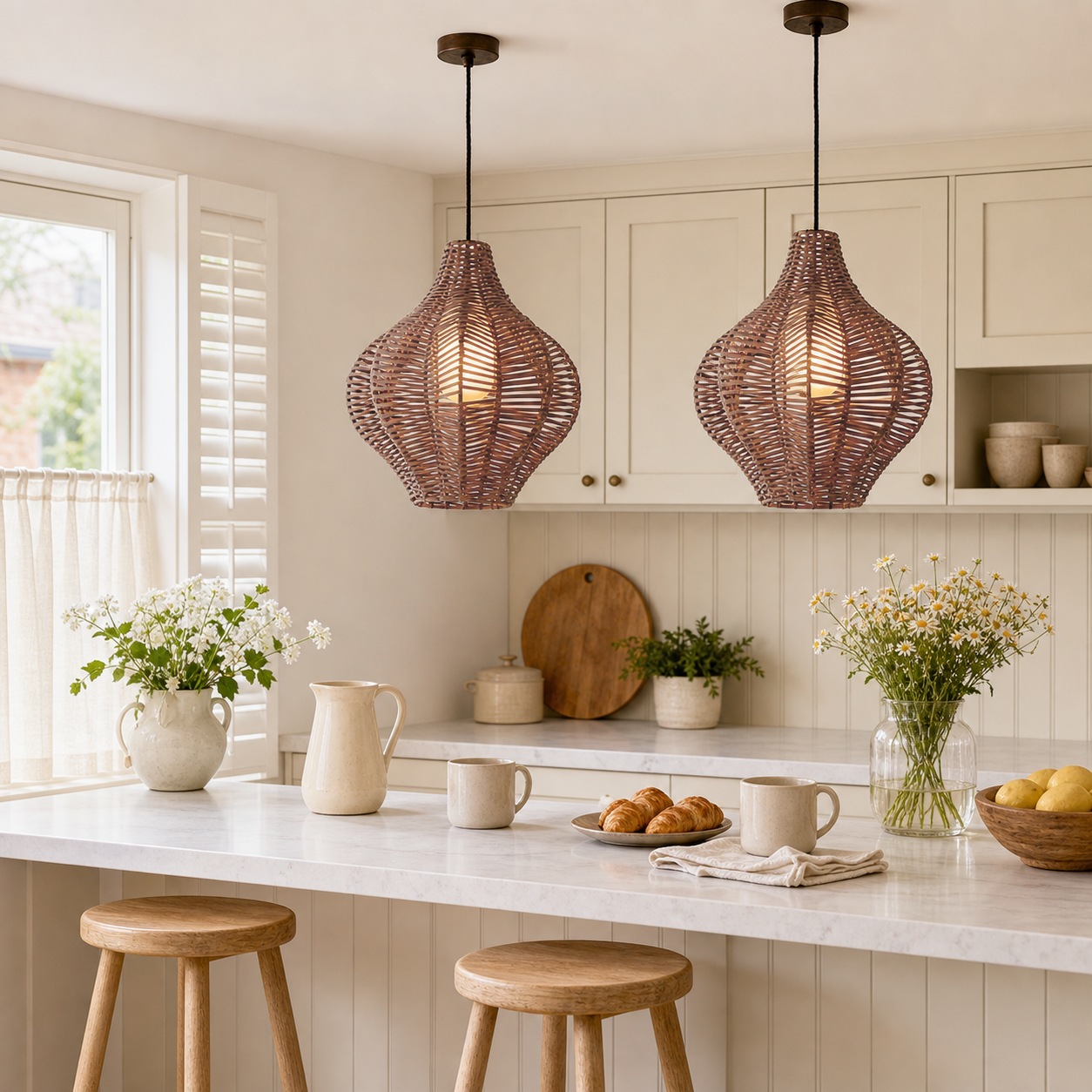 rattan wood pendant light beside a bright window