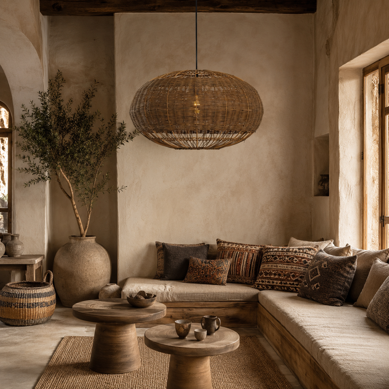 rattan basket pendant light above a bright dining table