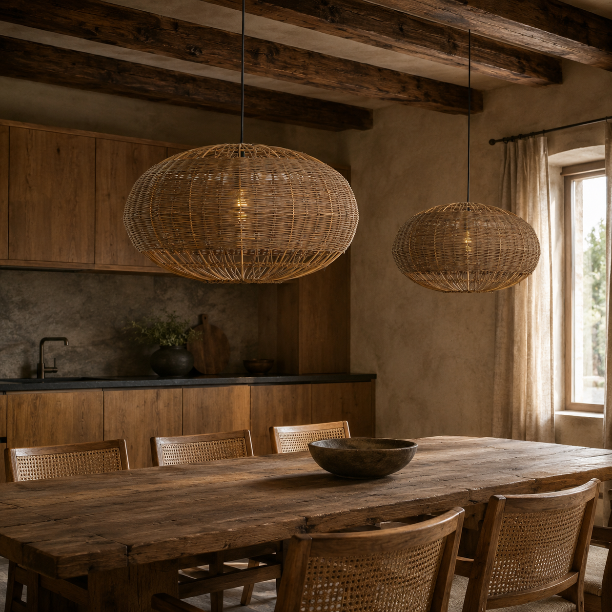 rattan basket pendant light over a warm kitchen counter