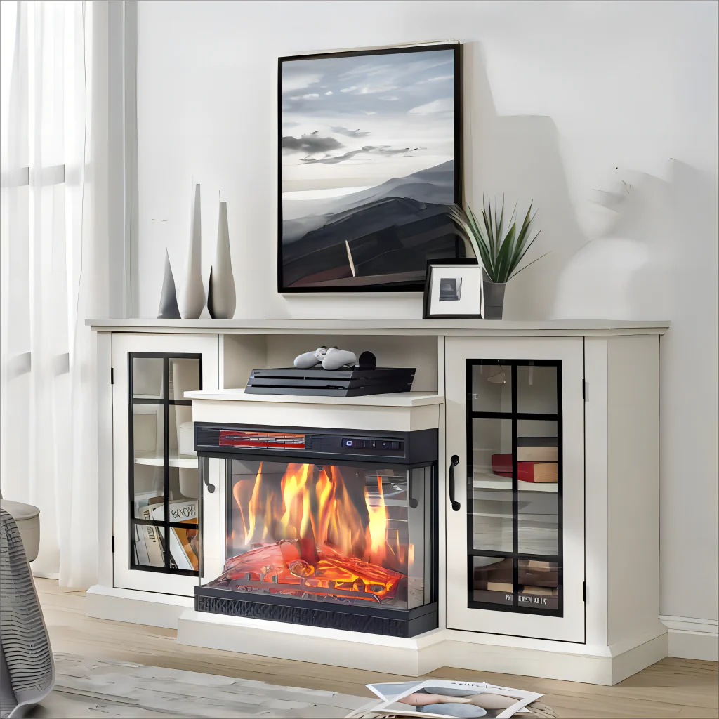 150cm W Electric Fireplace TV Stand with Glass Door Closed Storage 3 Flame Colours Fireplace and TV Stand