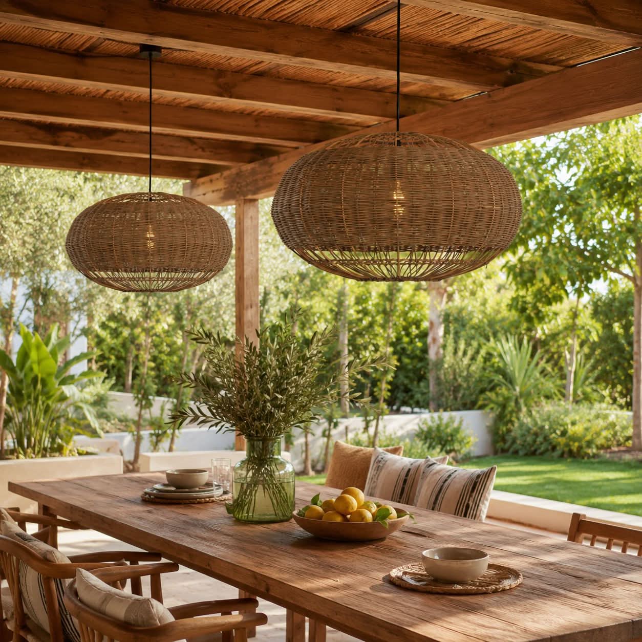 Lightsin Handcrafted Rattan Pendant Light in Flat Round Basket Shape Lightsin UK 
