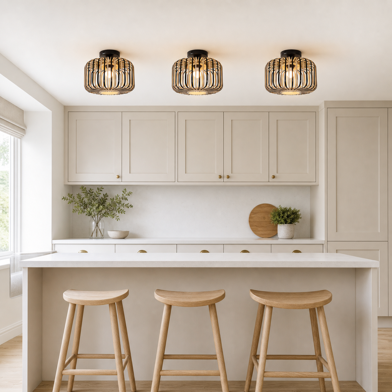 bamboo pendant light above a bright dining table