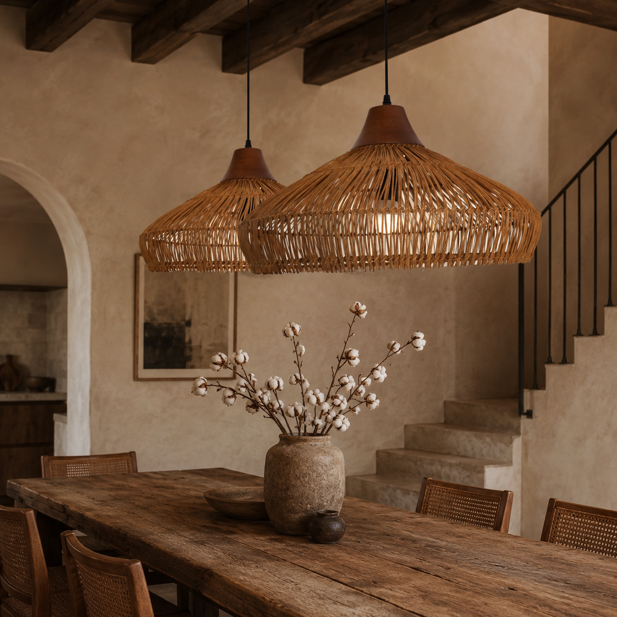 bamboo bell pendant light in a sunlit breakfast nook