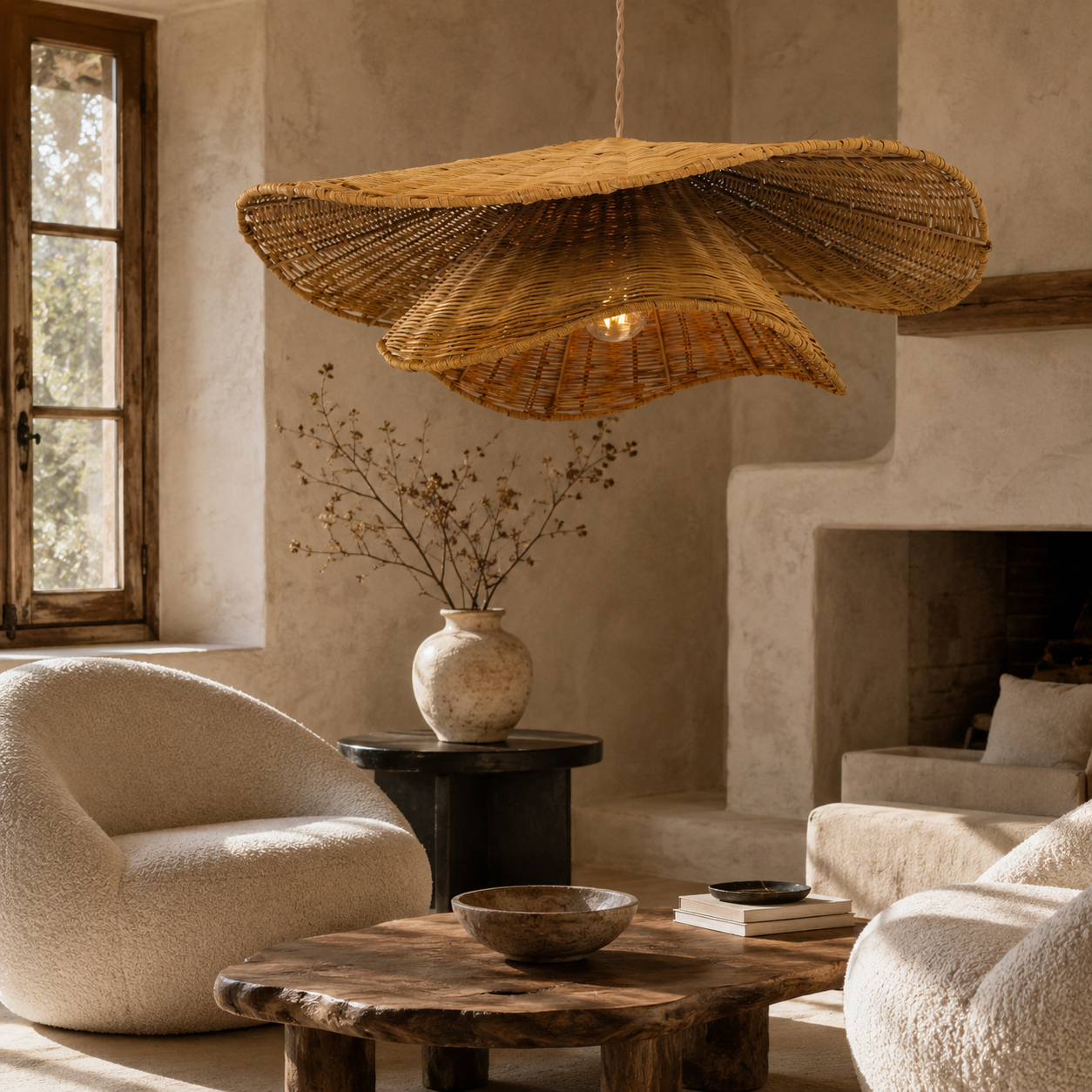 rattan pendant light over a warm kitchen counter
