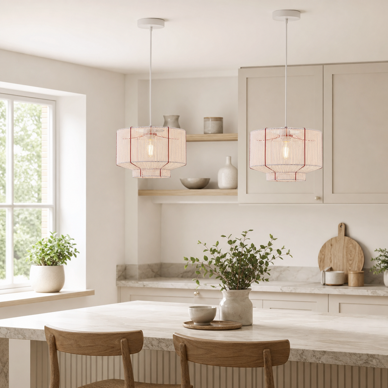 paper rope pendant light beside a bright window