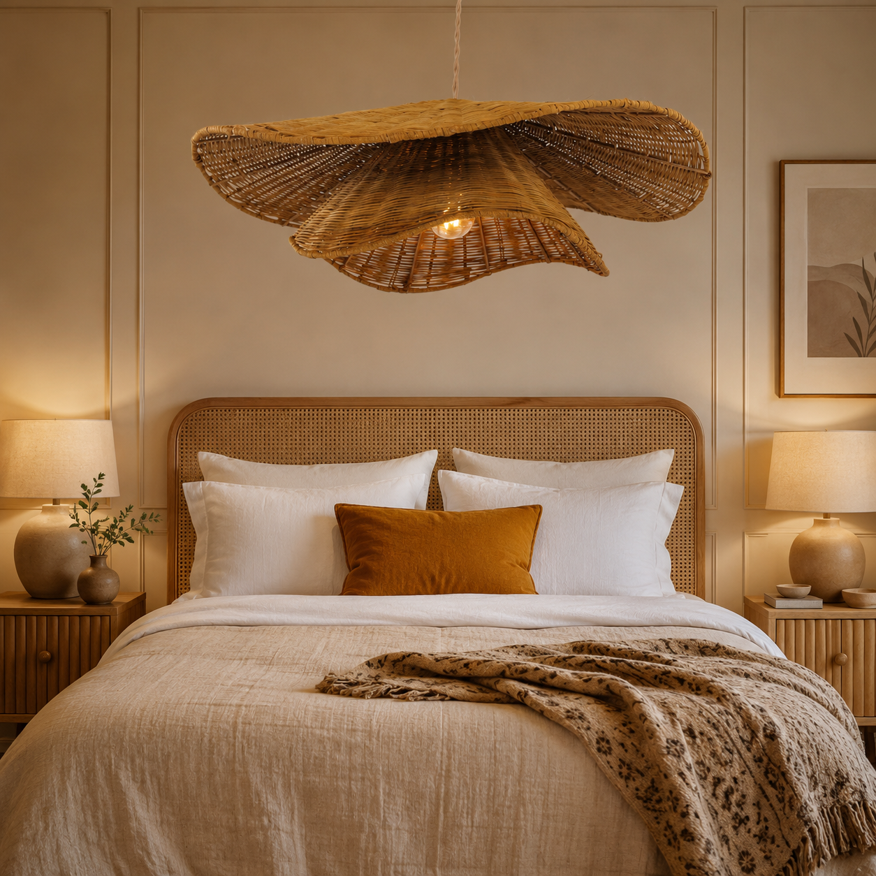 rattan pendant light beside a bright window