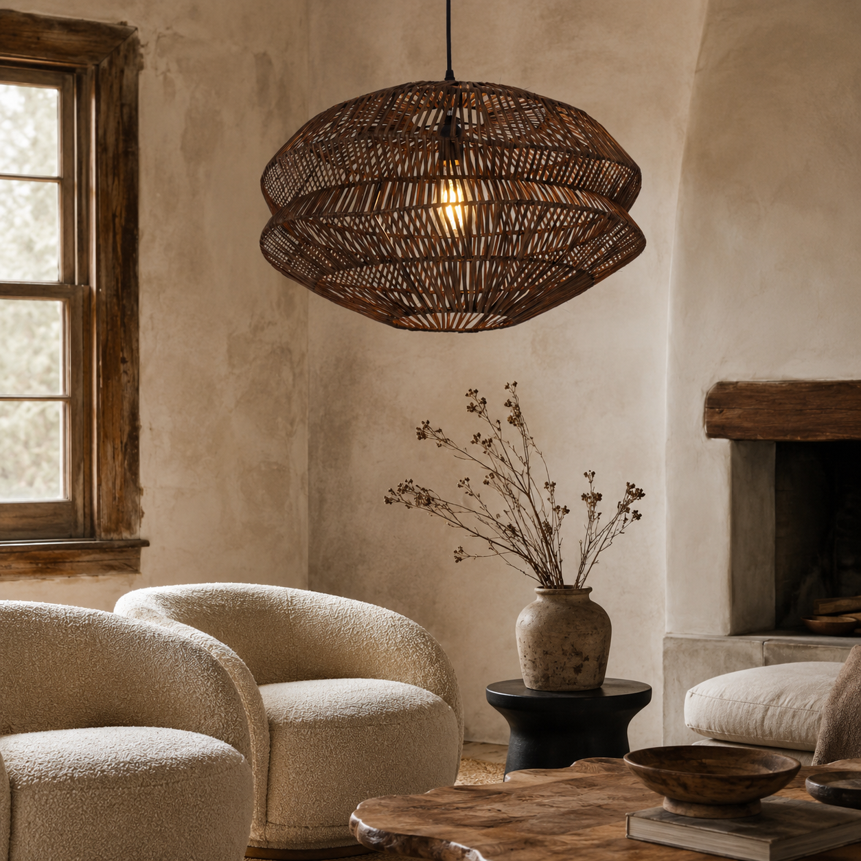 rattan pendant light over a warm kitchen counter
