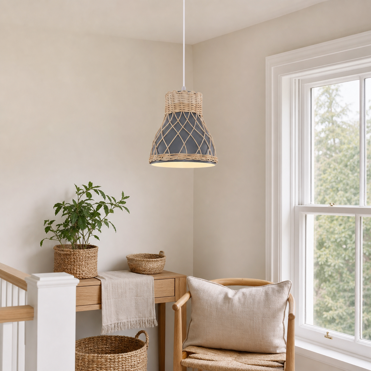 rattan pendant light above a bright dining table