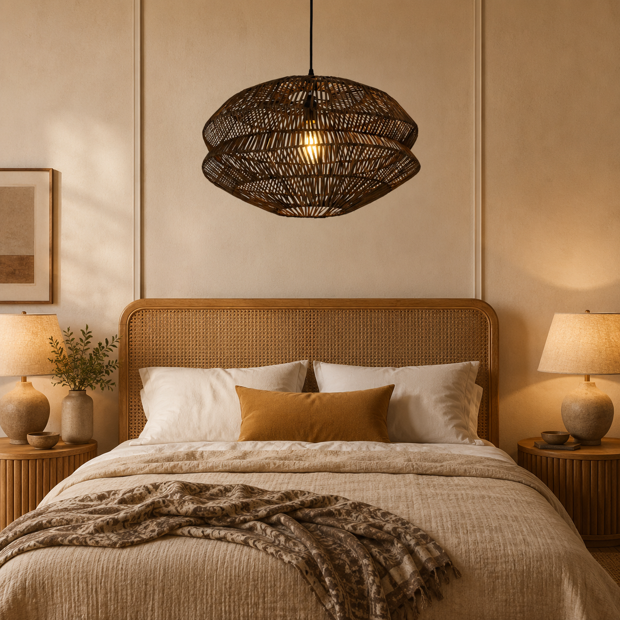 rattan pendant light beside a bright window