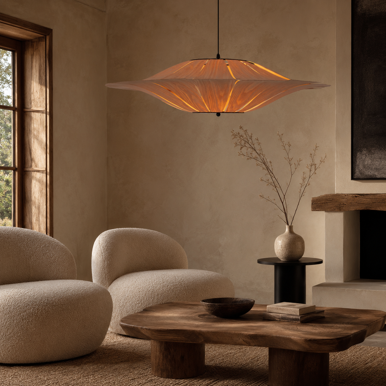 wood pendant light over a warm kitchen counter