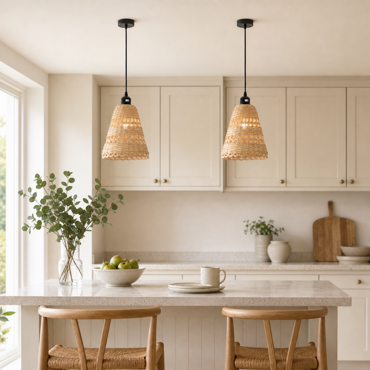 bamboo pendant light over a warm kitchen counter