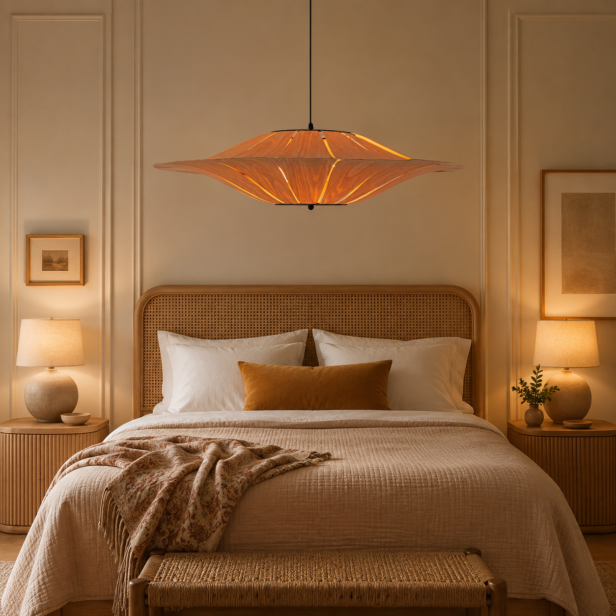 wood pendant light beside a bright window
