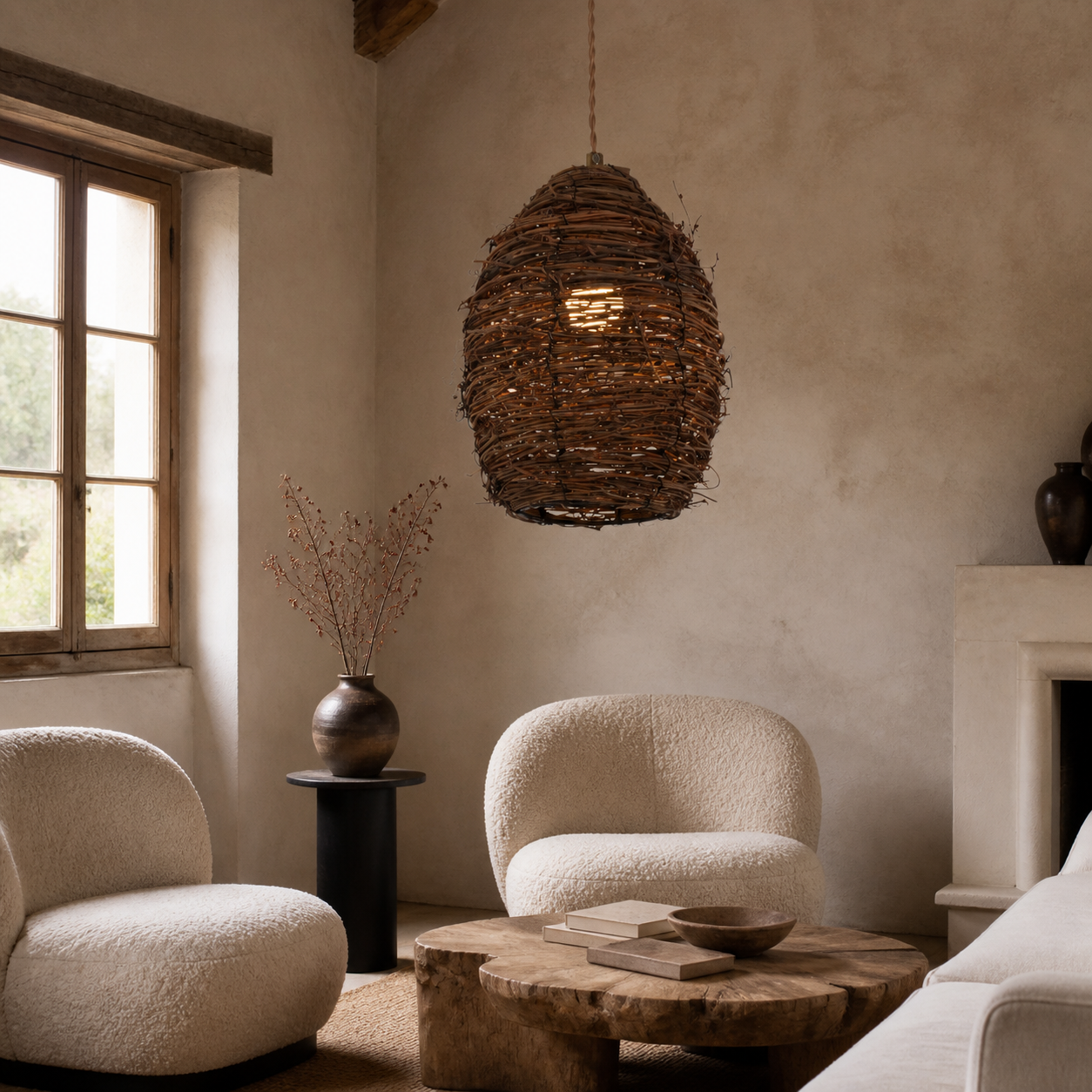 rattan pendant light over a warm kitchen counter