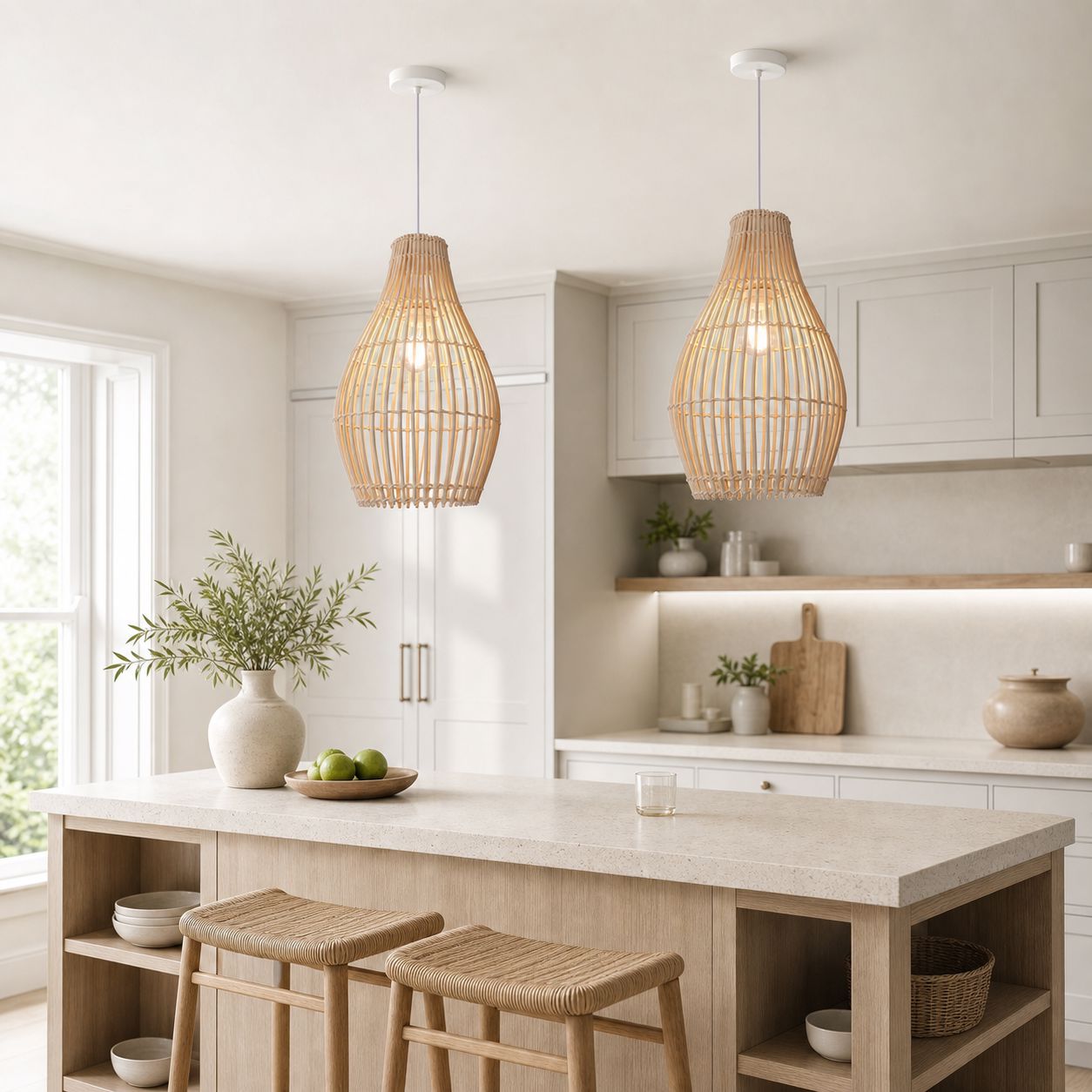 Lightsin Natural Rattan and Bamboo Pendant Light with Iron Frame Lightsin UK 