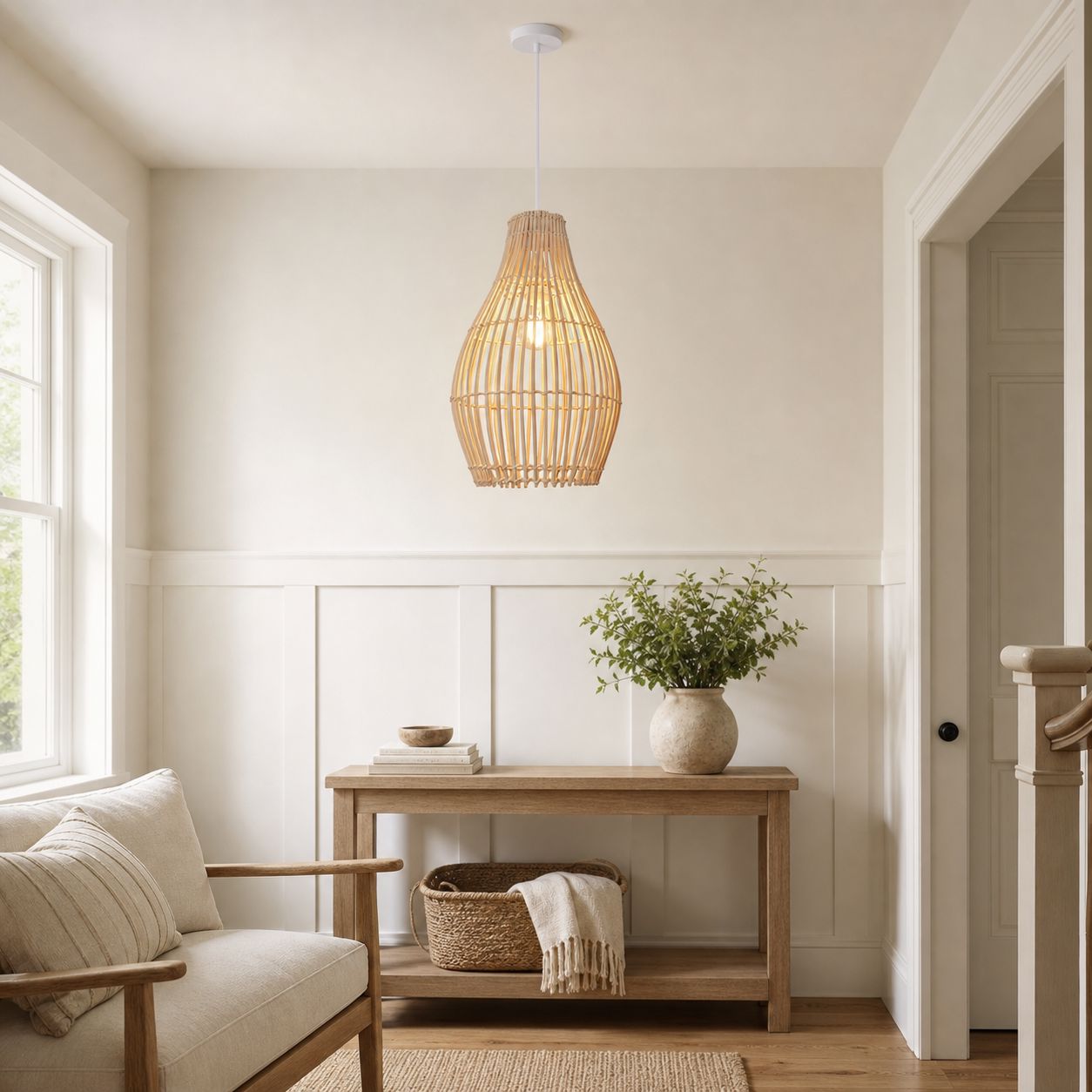 Lightsin Natural Rattan and Bamboo Pendant Light with Iron Frame Lightsin UK 