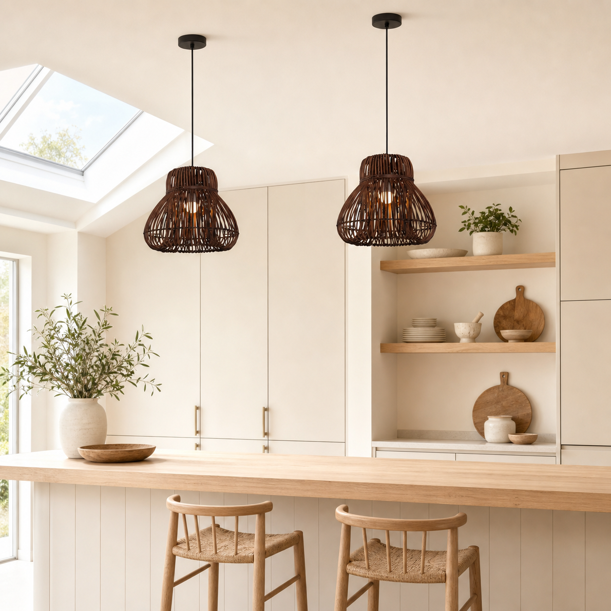 rattan pendant light in a sunlit breakfast nook