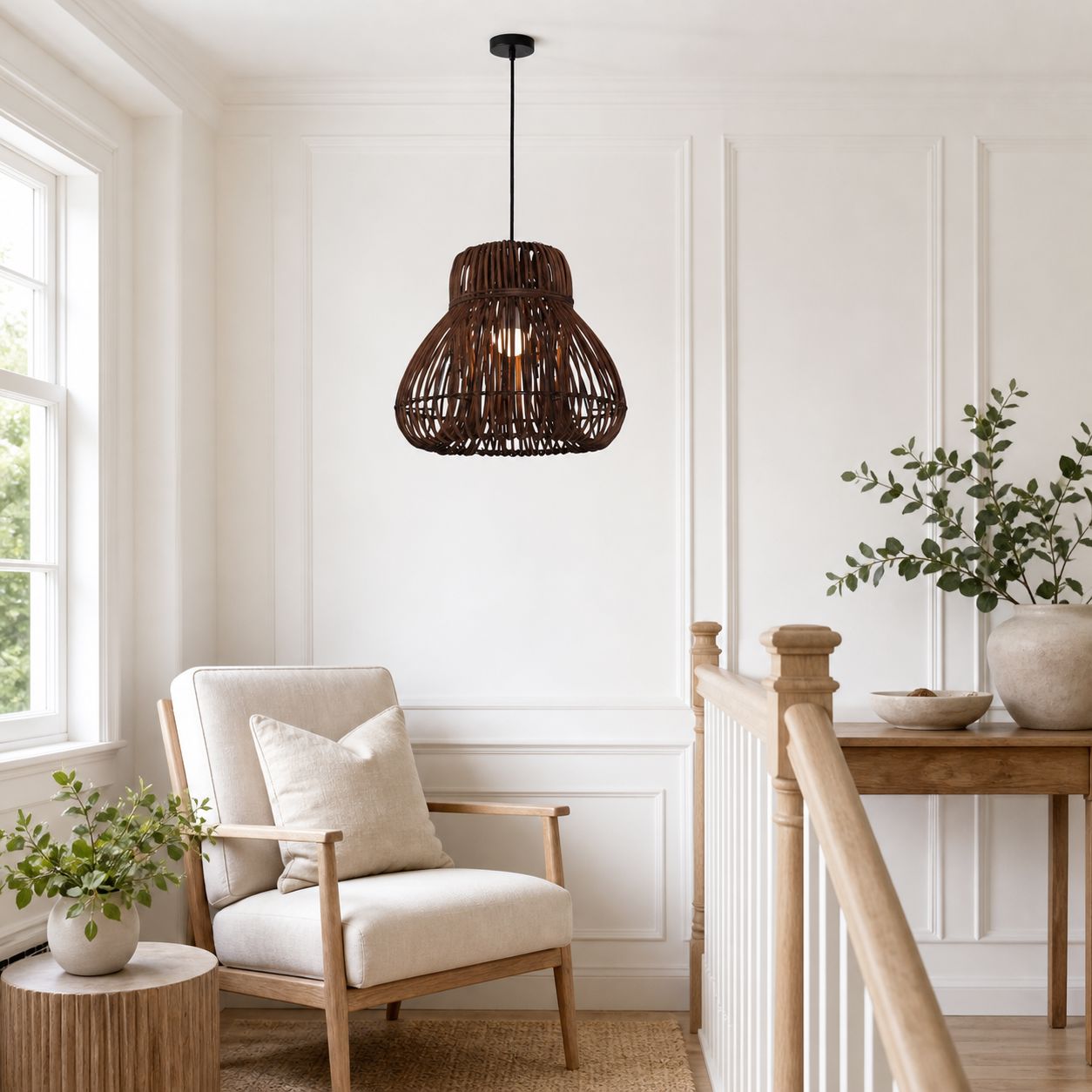 Lightsin Natural Woven Rattan Pendant Light – Handcrafted Rustic Ceiling Light for Dining Rooms, Living Spaces, and Cafés Lightsin UK 