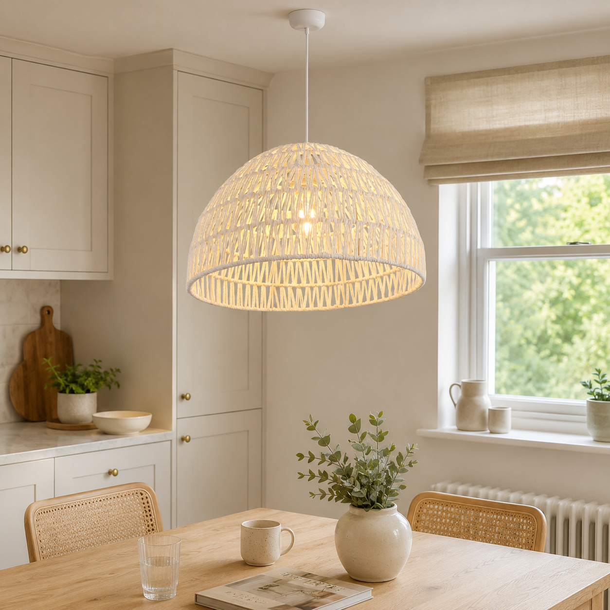 White rope dome pendant above a cozy dining table