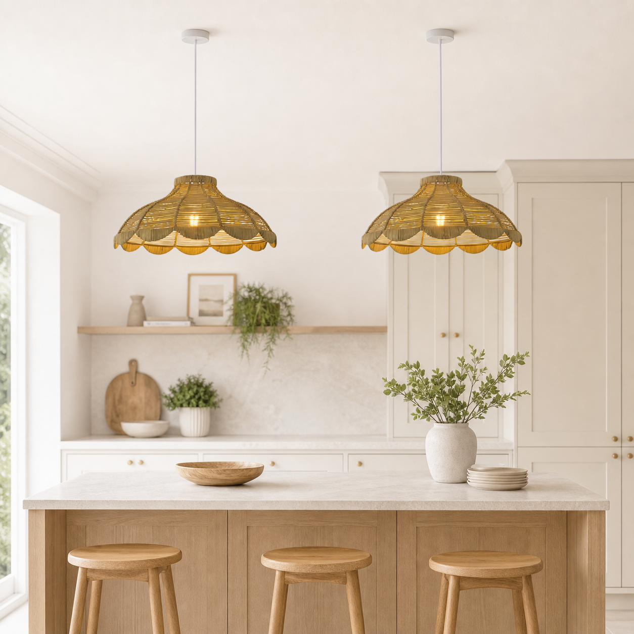 rattan pendant light above a bright dining table