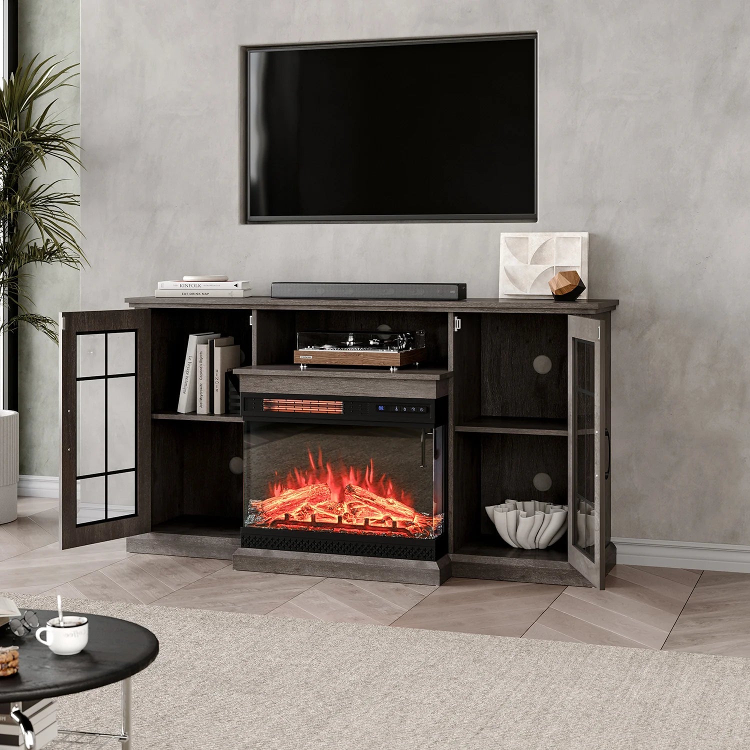 5ft Freestanding Fireplaces 3-Sided 24 Inch Electric Fireplace Rustic Grey TV Stand With Remote Control Freestanding Fireplaces Living and Home 