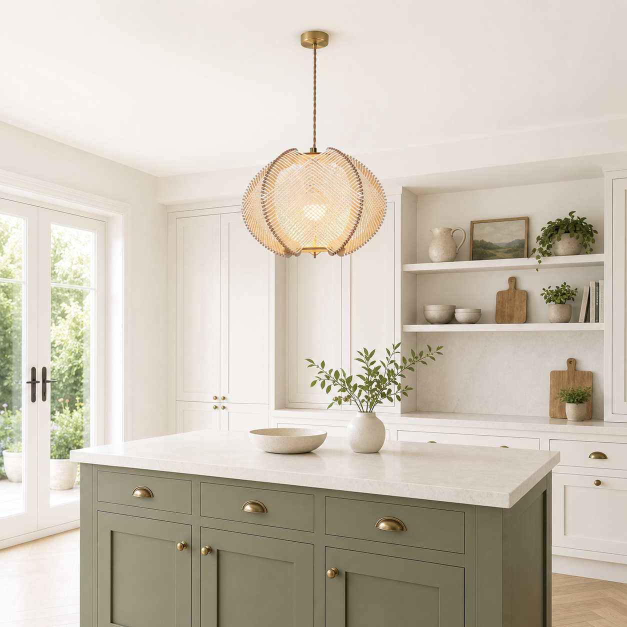 paper rope pendant light over a warm kitchen counter