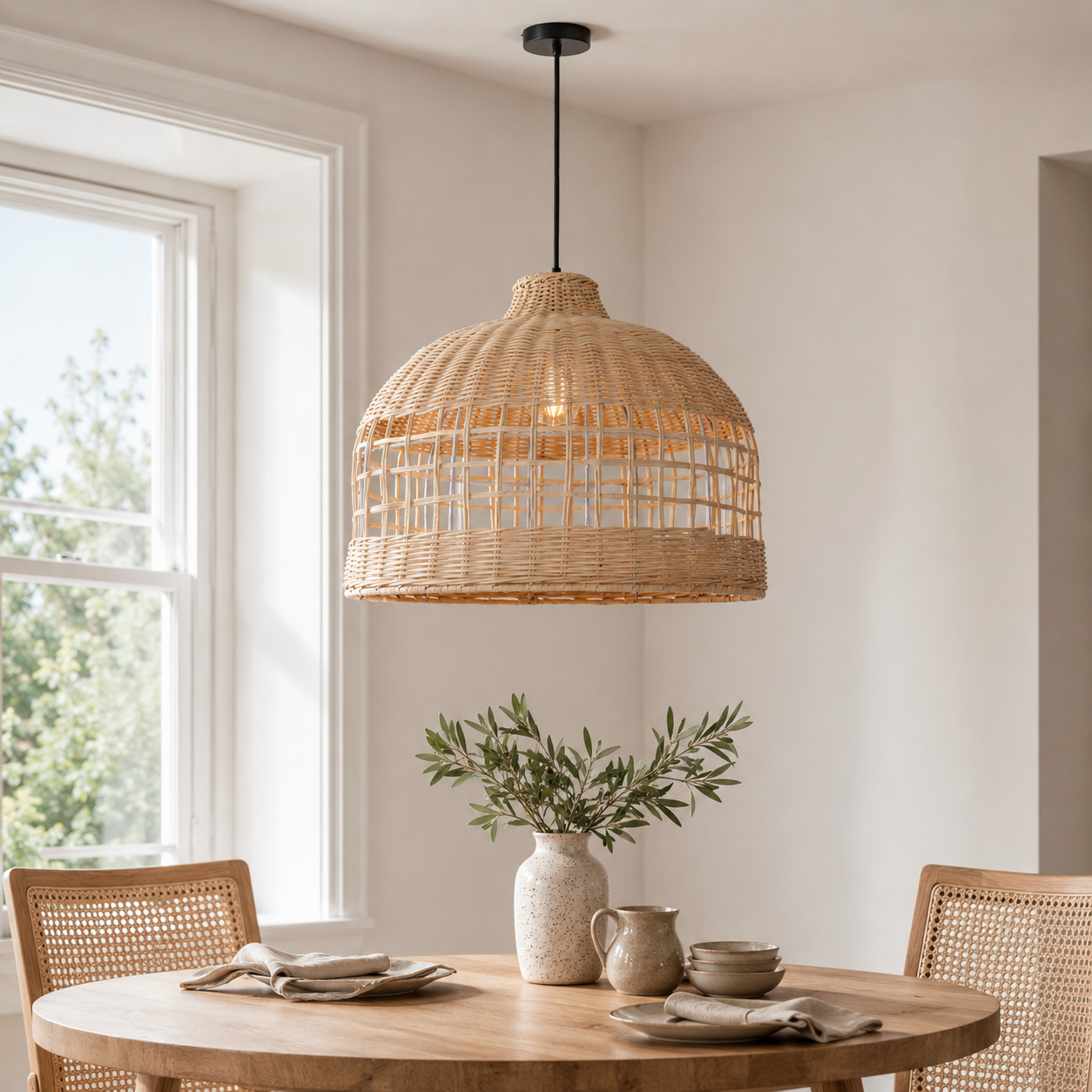 Rattan dome pendant light over a bright kitchen table