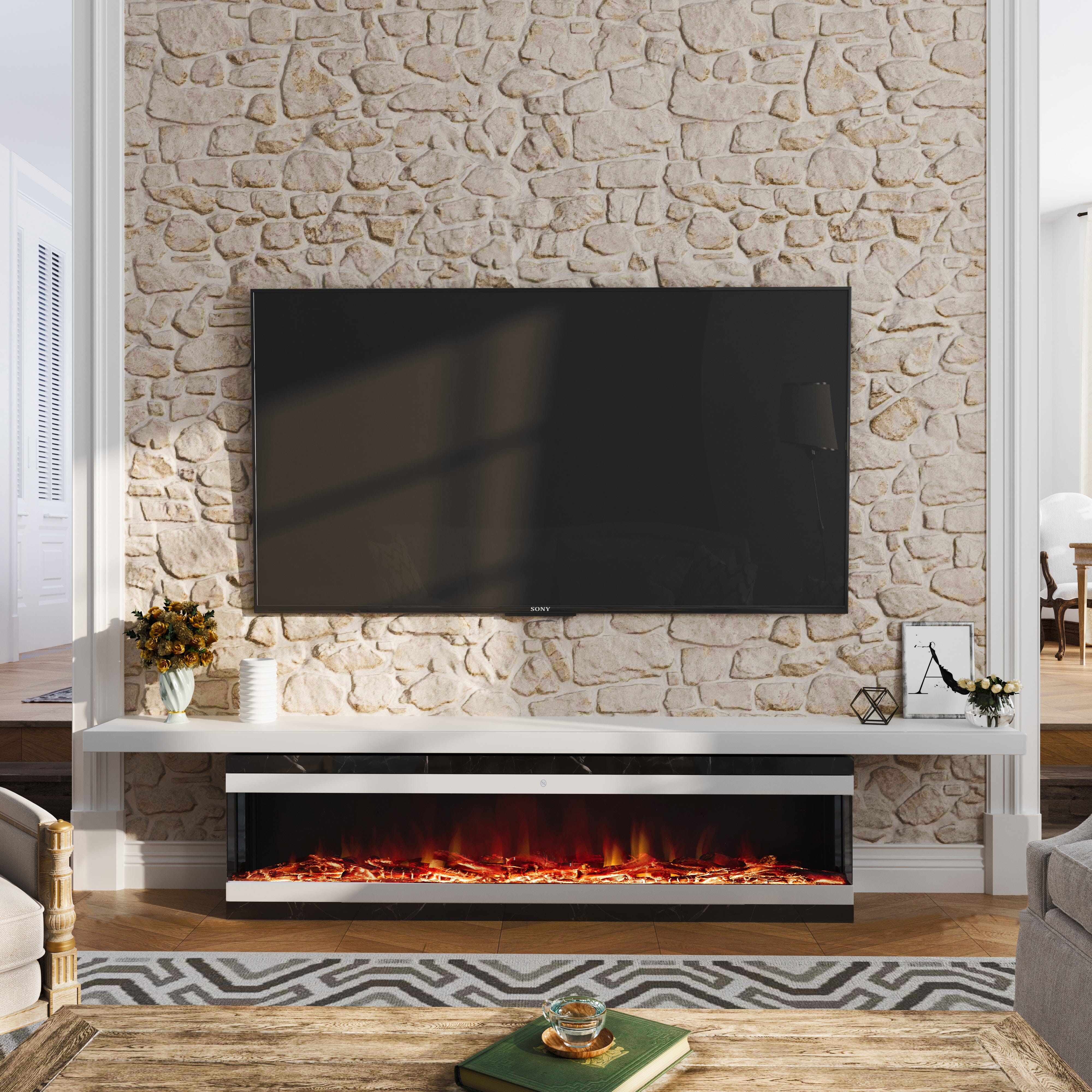 42/48/56/72inch 3-Sided Black/White Electric Fireplace with Remote Control, WiFi Function, Adjustable LED Flames and Heating Modes Living and Home White 72inch 