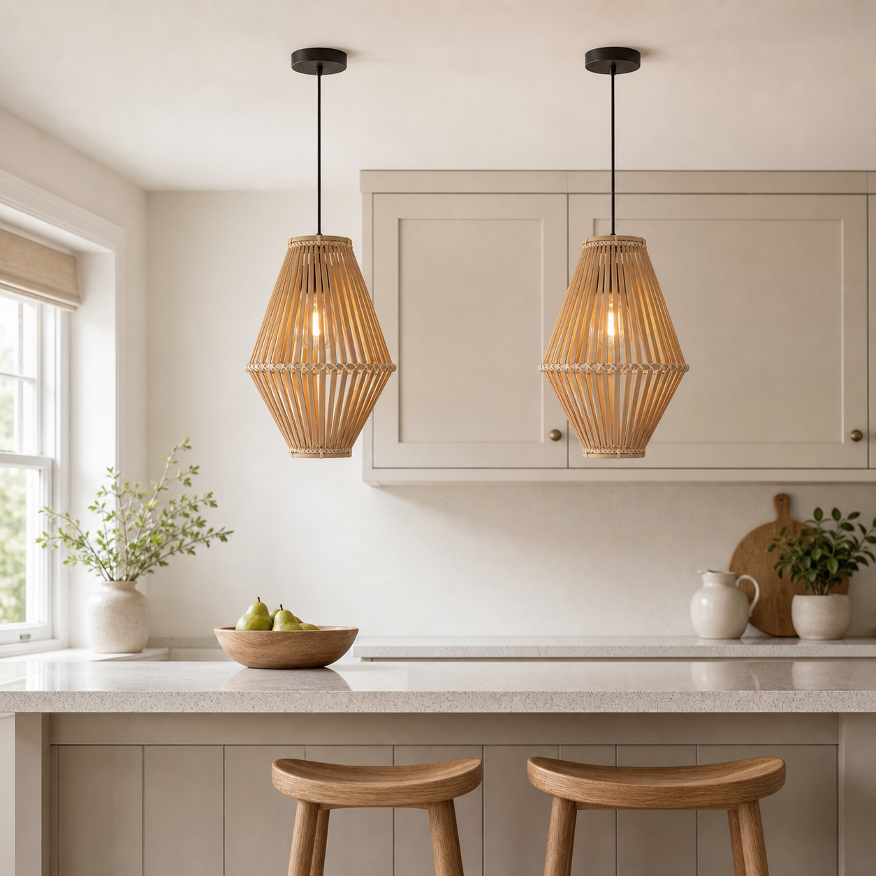 bamboo pendant light above a bright dining table