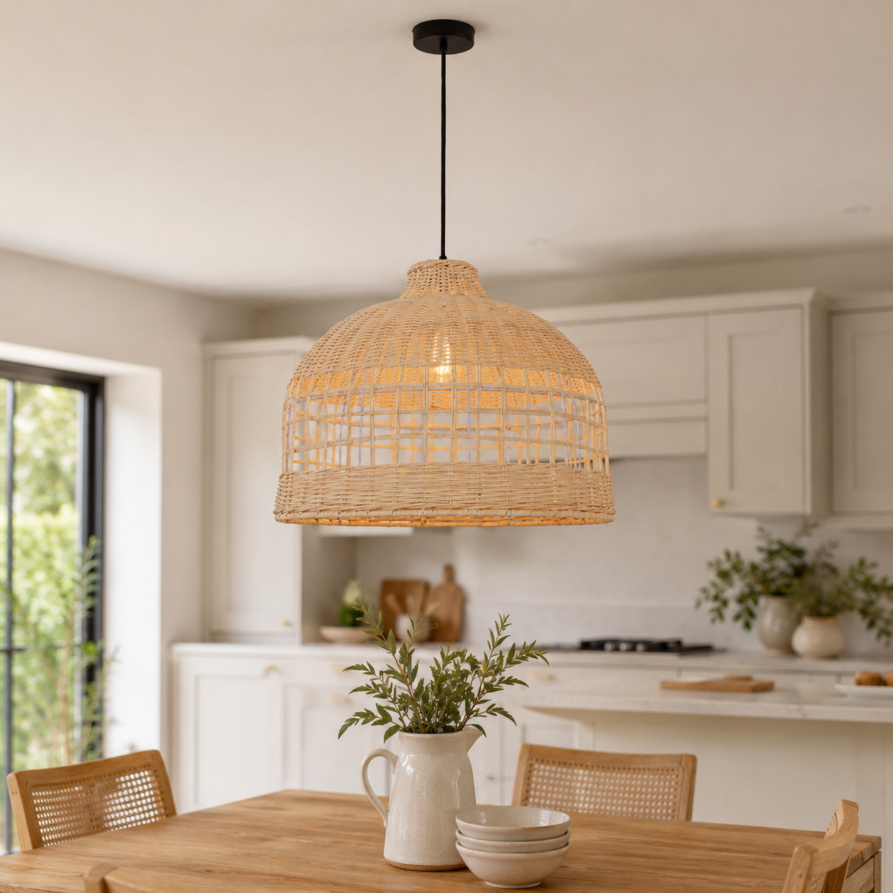 Handwoven lattice rattan pendant above a dining counter