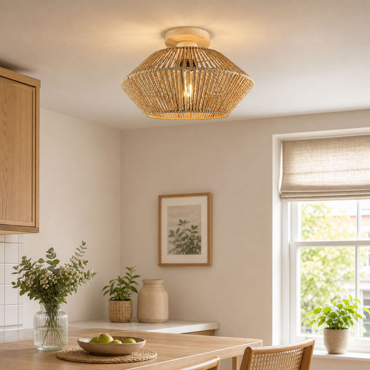 vintage hemp rope hallways pendant light above a bright dining table