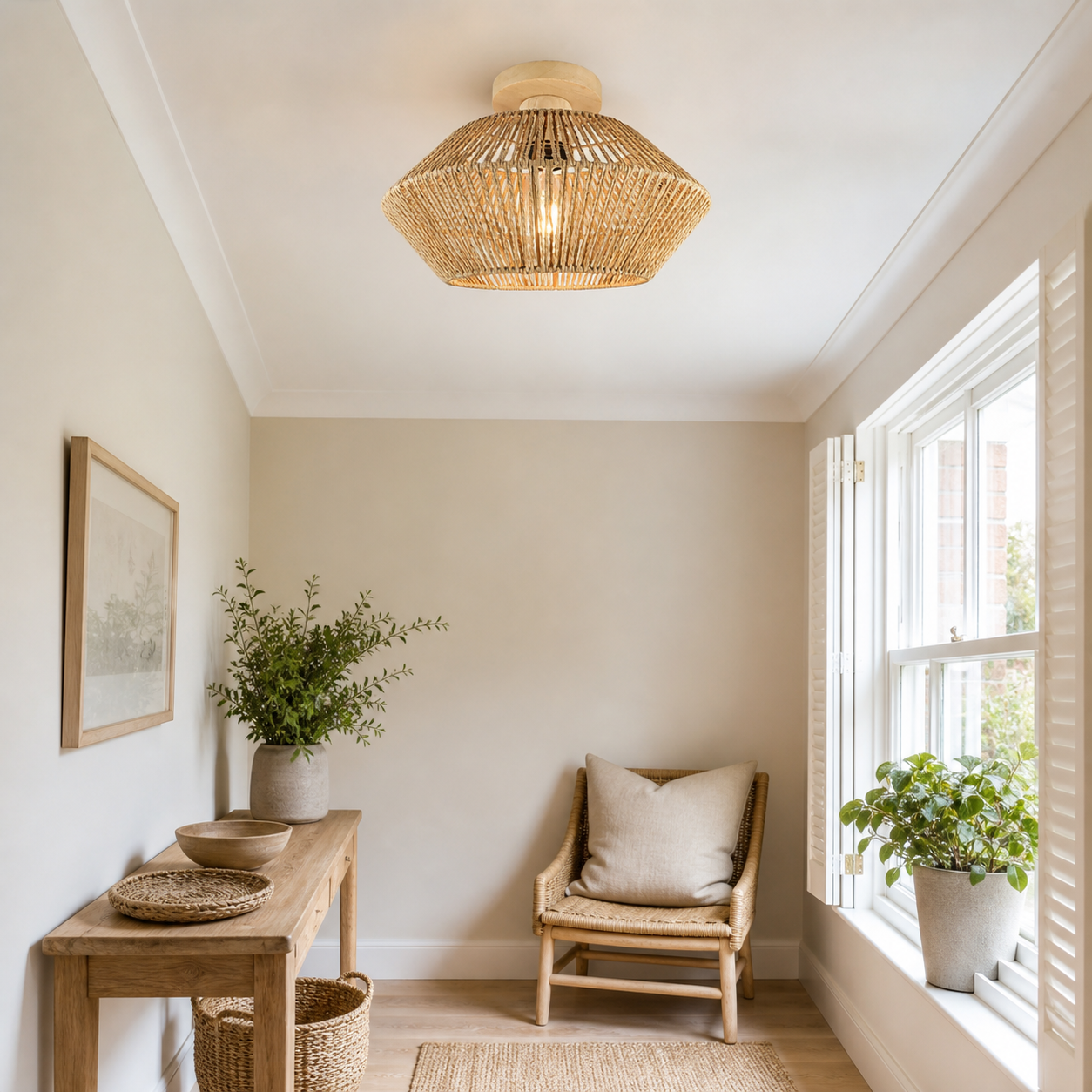 vintage hemp rope hallways pendant light above a bright dining table
