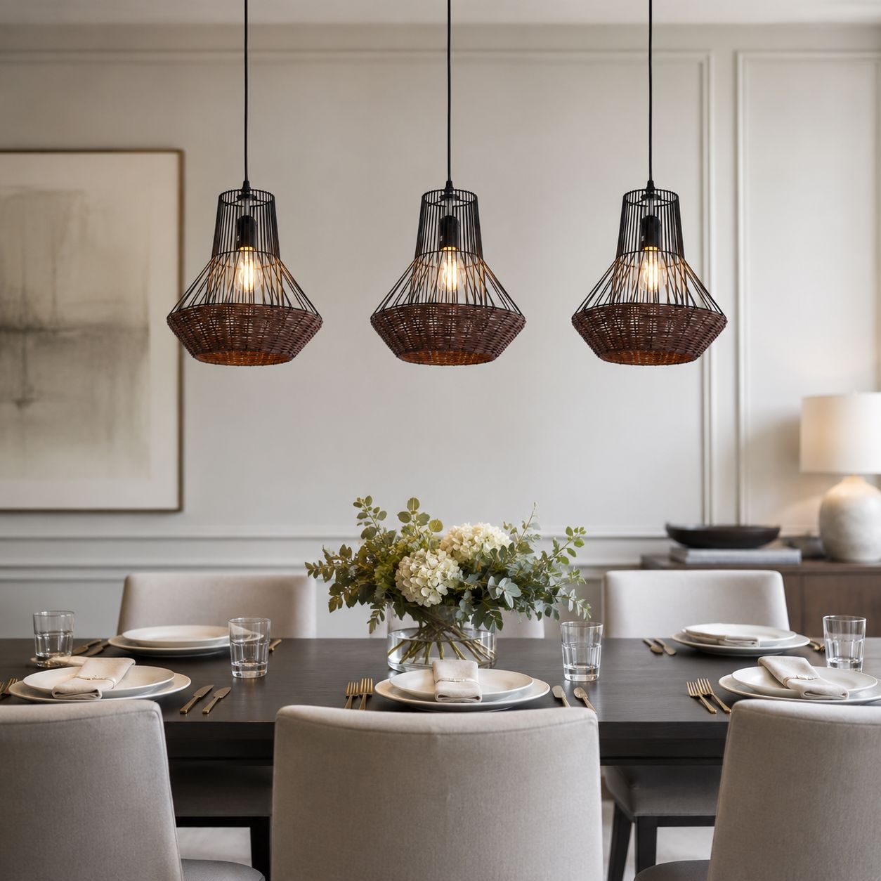 Lightsin Geometric Rattan and Iron Pendant Light for Dining, Kitchen, and Living Rooms Lightsin UK 