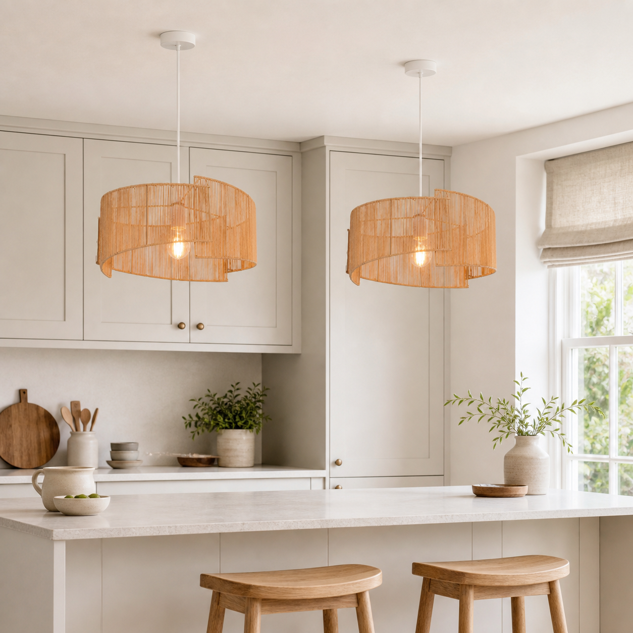 paper rope pendant light above a bright dining table