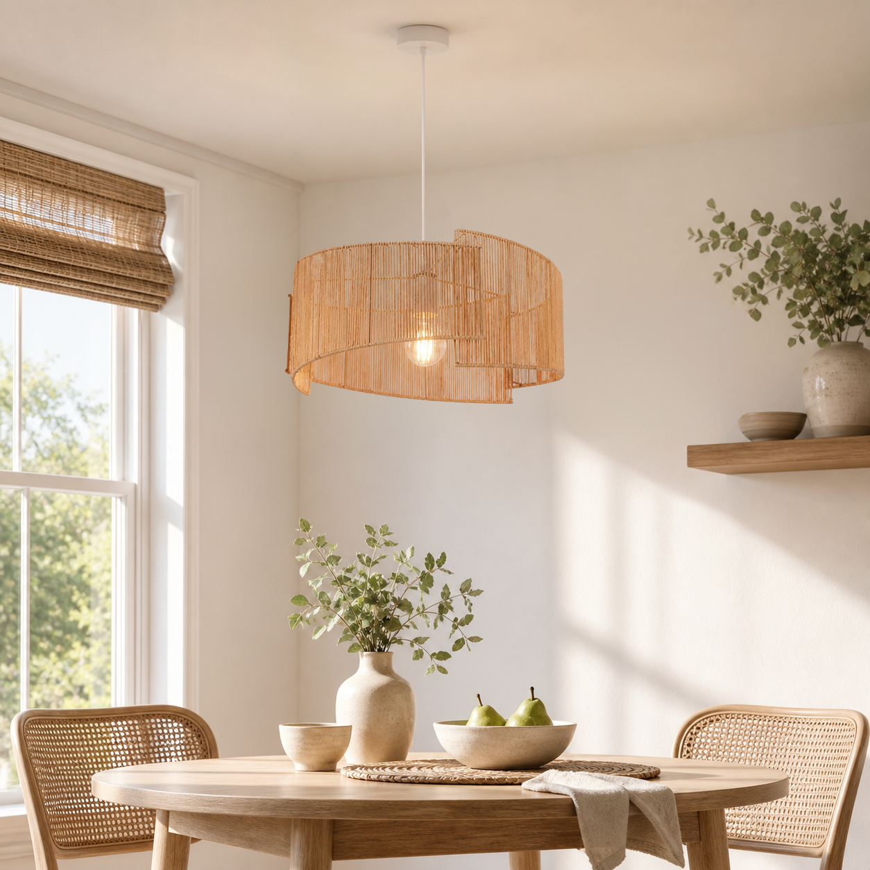 paper rope pendant light in a sunlit breakfast nook