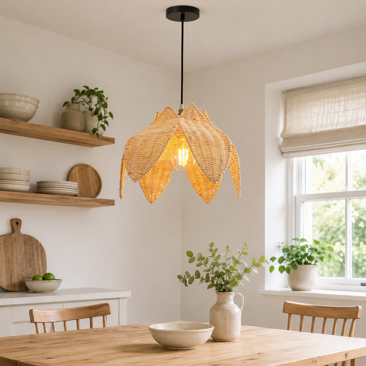 rattan pendant light over a warm kitchen counter