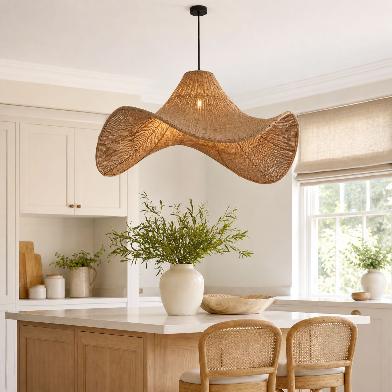 Lightsin Handwoven Rattan Pendant Light Natural & White Hat-Shaped Ceiling Light Lightsin UK 