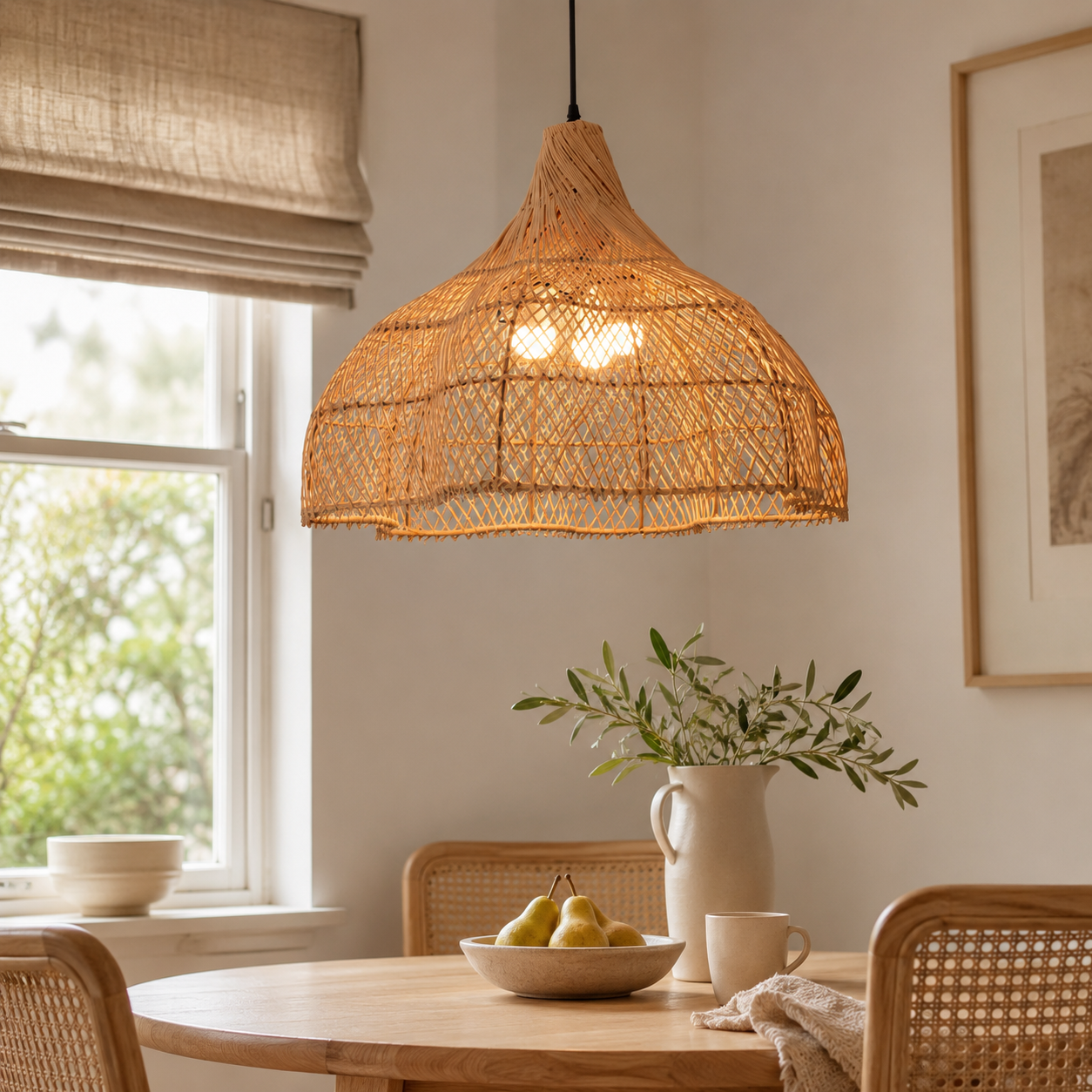 Umbrella-shaped bamboo rattan pendant above a kitchen table