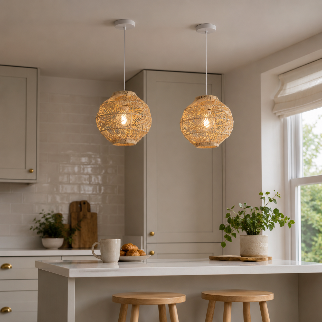 rattan pendant light above a bright dining table