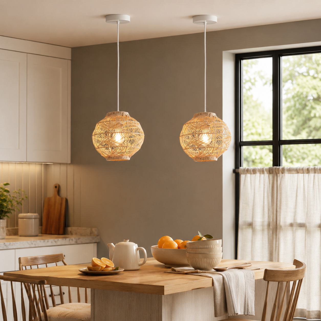 rattan pendant light over a warm kitchen counter