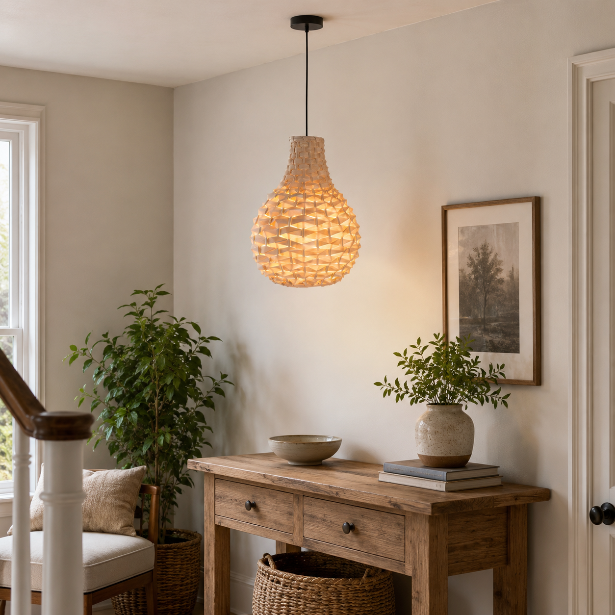 bamboo pendant light over a warm kitchen counter