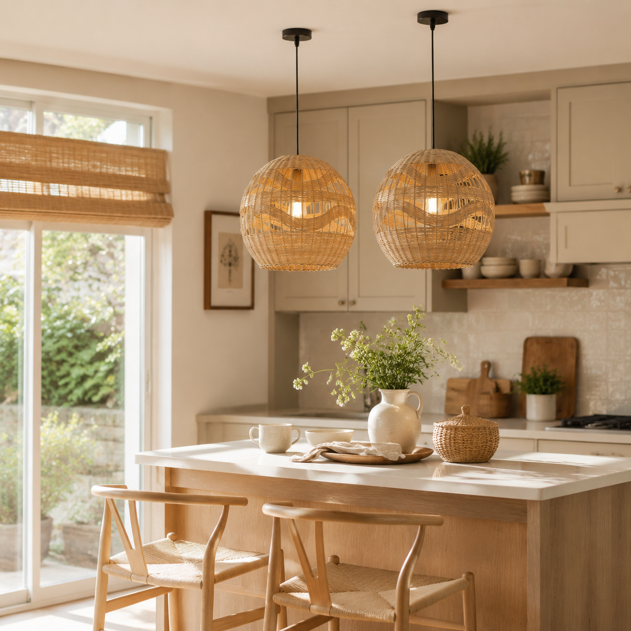 rattan wicker pendant light above a bright dining table