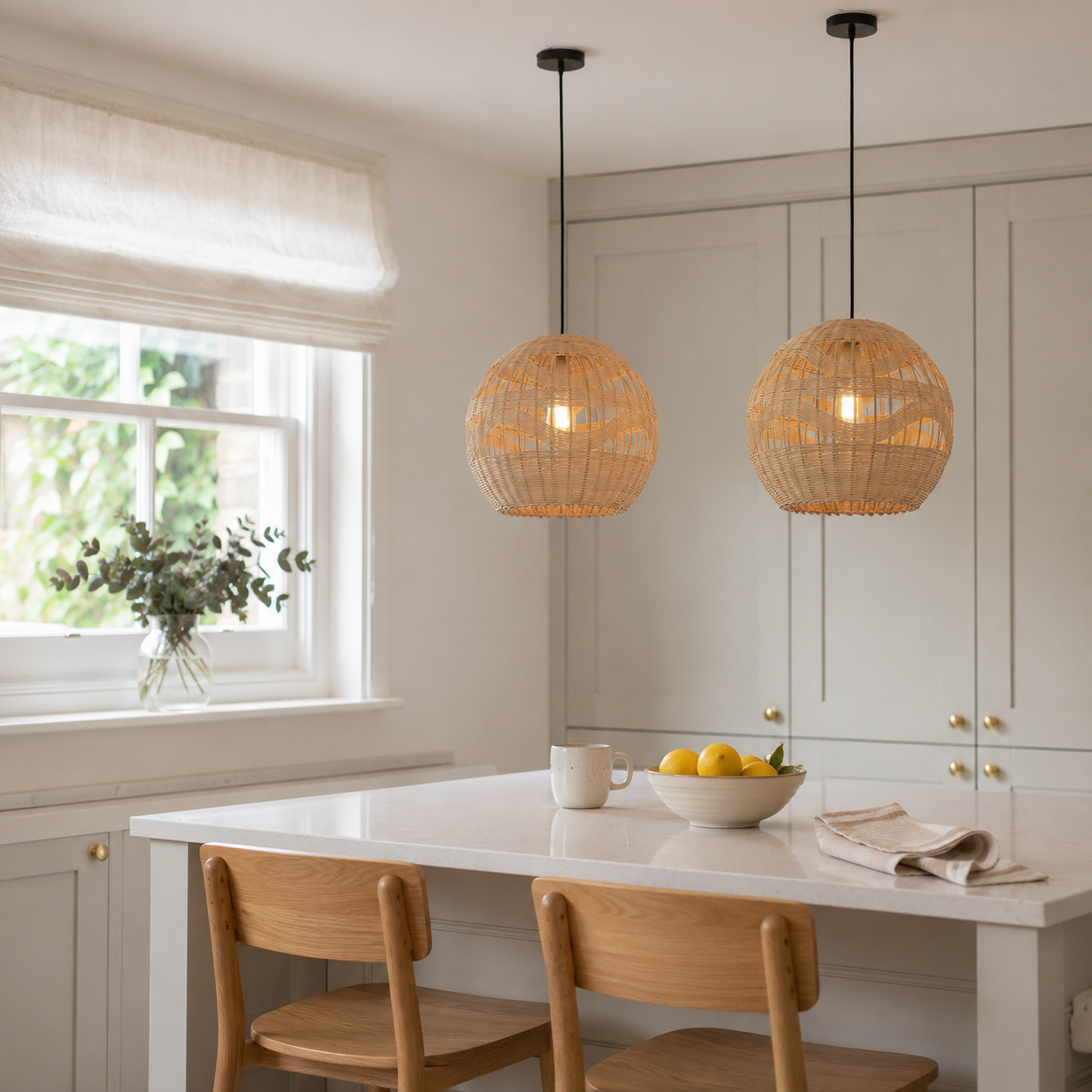 rattan wicker pendant light over a warm kitchen counter