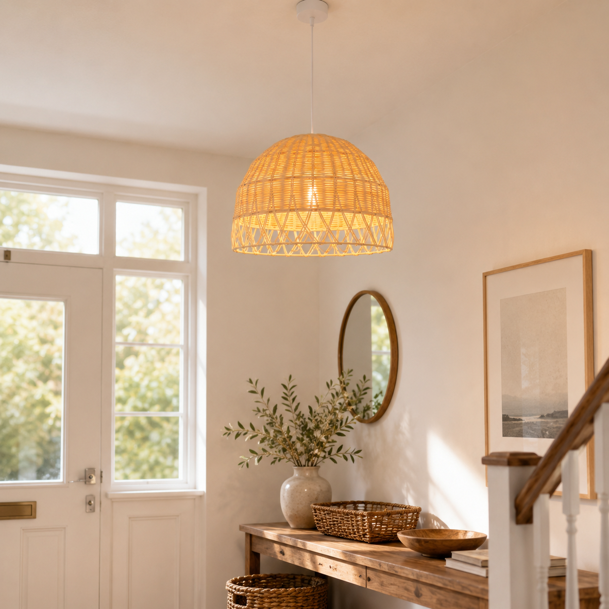 rattan globe pendant light over a warm kitchen counter