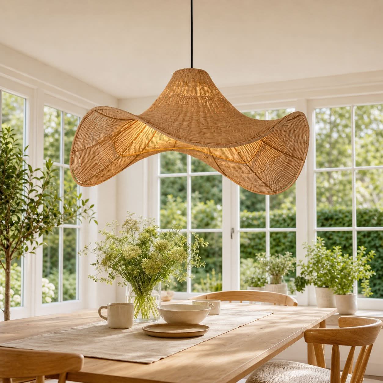 Lightsin Handwoven Rattan Pendant Light Natural & White Hat-Shaped Ceiling Light Lightsin UK 