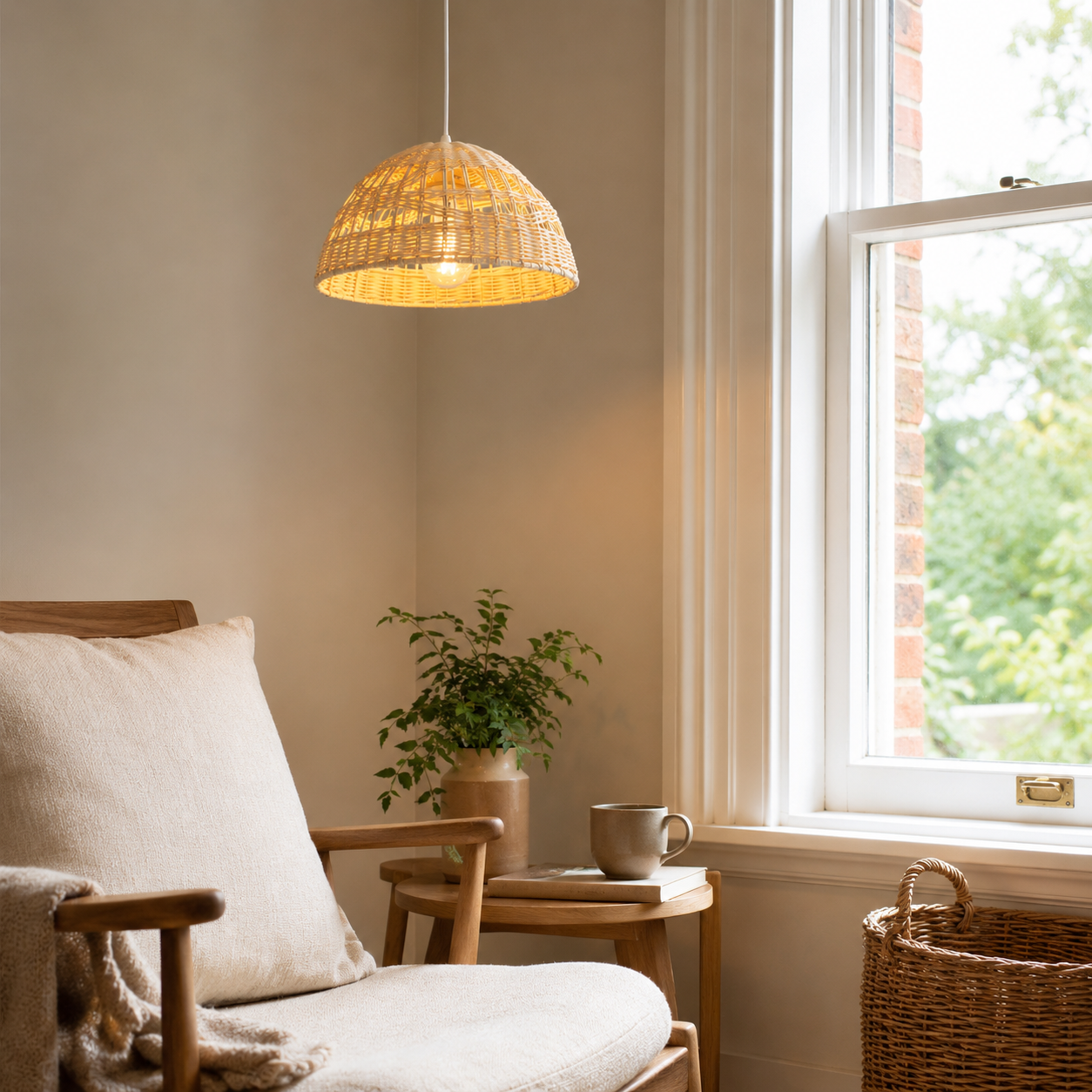rattan dome pendant light above a bright dining table