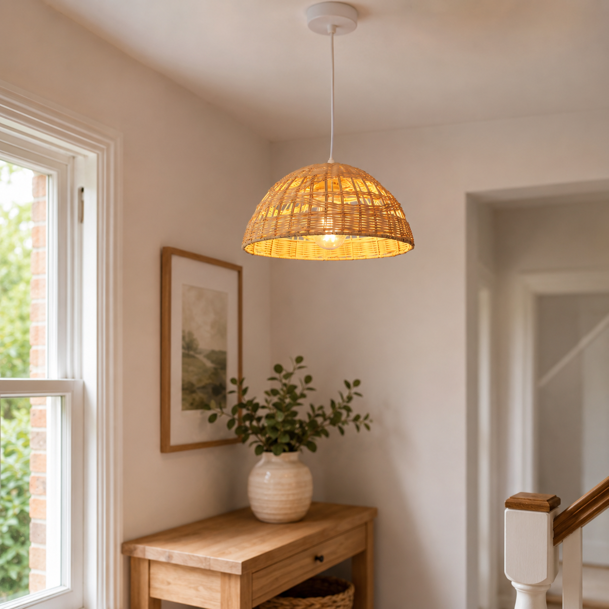 rattan dome pendant light over a warm kitchen counter