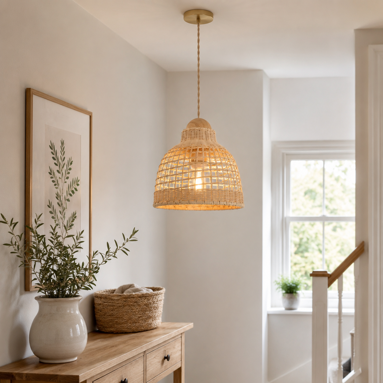 rattan pendant light over a warm kitchen counter
